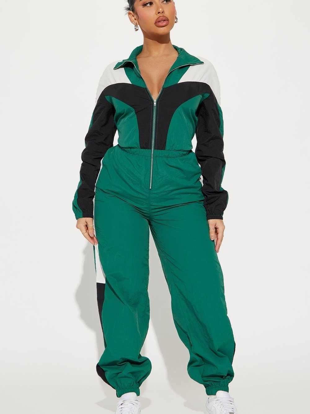 Fashion Nova Green & Black Colorblock Zip-Front Jumpsuit